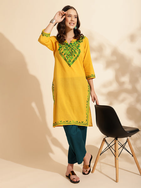 Queenley Women Kashmiri Aari Work Long Kurti, Solid A Line Straight Embroidery Cotton Kurti - Yellow Colour