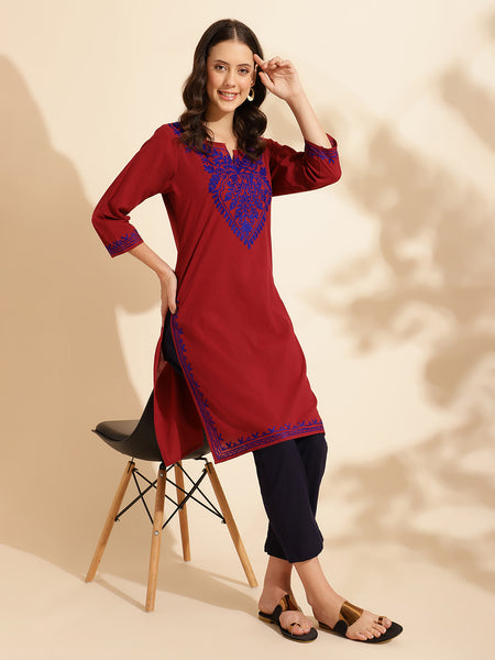 Queenley Women Kashmiri Aari Work Long Kurti, Solid A Line Straight Embroidery Cotton Kurti - Maroon Colour