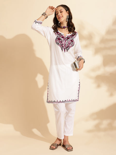 Queenley Women Kashmiri Aari Work Long Kurti, Solid A Line Straight Embroidery Cotton Kurti - White Colour