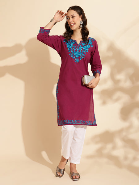 Queenley Women Kashmiri Aari Work Long Kurti, Solid A Line Straight Embroidery Cotton Kurti - Wine Colour