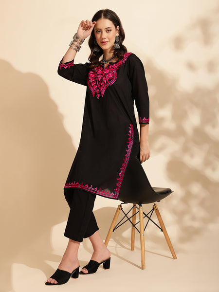 Queenley Women Kashmiri Aari Work Long Kurti, Solid A Line Straight Embroidery Cotton Kurti - Black Colour