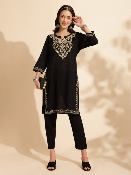 Queenley Women Kashmiri Aari Work Long Kurti, Solid A Line Straight Embroidery Cotton Kurti - Black Colour