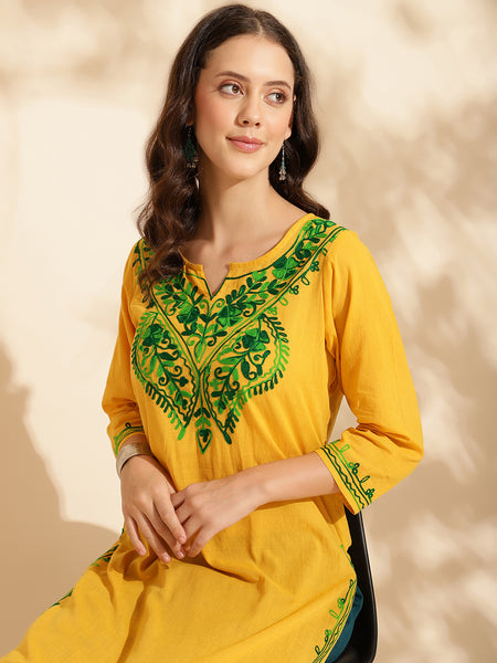 Queenley Women Kashmiri Aari Work Long Kurti, Solid A Line Straight Embroidery Cotton Kurti - Yellow Colour