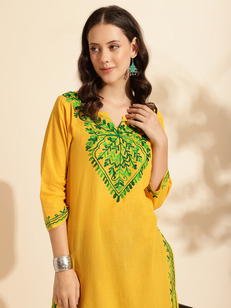 Queenley Women Kashmiri Aari Work Long Kurti, Solid A Line Straight Embroidery Cotton Kurti - Yellow Colour