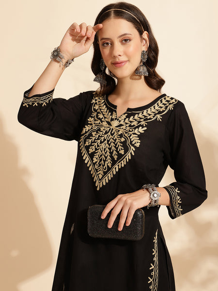 Queenley Women Kashmiri Aari Work Long Kurti, Solid A Line Straight Embroidery Cotton Kurti - Black Colour