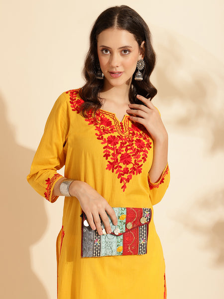 Queenley Women Kashmiri Aari Work Long Kurti, Solid A Line Straight Embroidery Cotton Kurti - Yellow Colour