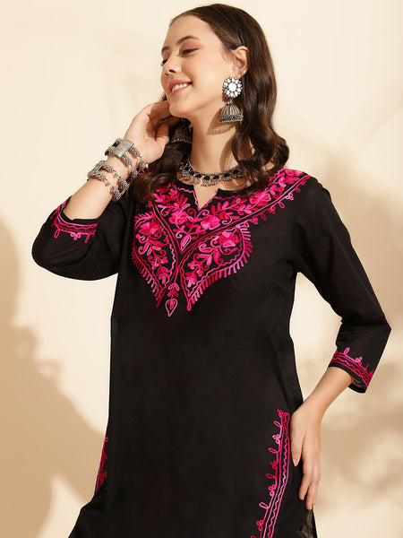 Queenley Women Kashmiri Aari Work Long Kurti, Solid A Line Straight Embroidery Cotton Kurti - Black Colour