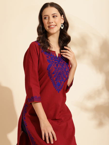 Queenley Women Kashmiri Aari Work Long Kurti, Solid A Line Straight Embroidery Cotton Kurti - Maroon Colour