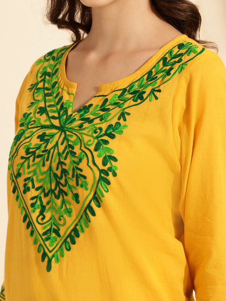 Queenley Women Kashmiri Aari Work Long Kurti, Solid A Line Straight Embroidery Cotton Kurti - Yellow Colour