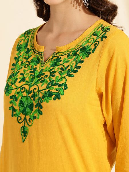 Queenley Women Kashmiri Aari Work Short Kurti, Solid A Line Straight Embroidery Cotton Kurti - Yellow Colour