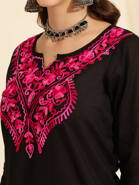 Queenley Women Kashmiri Aari Work Long Kurti, Solid A Line Straight Embroidery Cotton Kurti - Black Colour