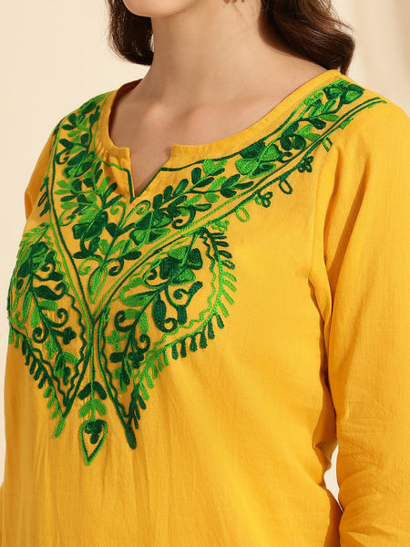 Queenley Women Kashmiri Aari Work Long Kurti, Solid A Line Straight Embroidery Cotton Kurti - Yellow Colour