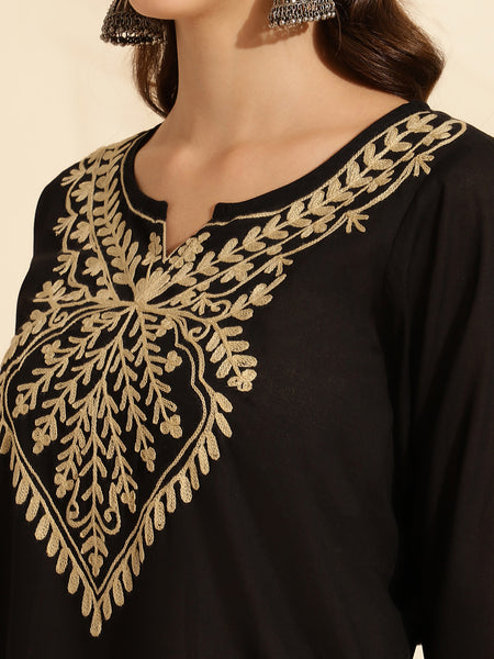 Queenley Women Kashmiri Aari Work Long Kurti, Solid A Line Straight Embroidery Cotton Kurti - Black Colour