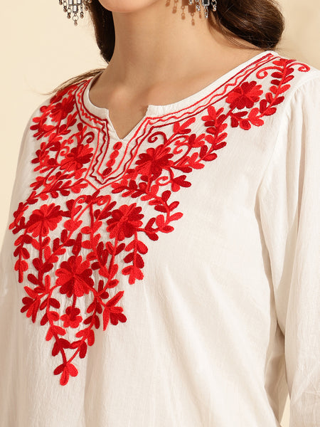 Queenley Women Kashmiri Aari Work Short Kurti, Solid A Line Straight Embroidery Cotton Kurti - White Colour