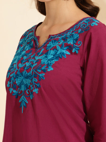 Queenley Women Kashmiri Aari Work Long Kurti, Solid A Line Straight Embroidery Cotton Kurti - Wine Colour