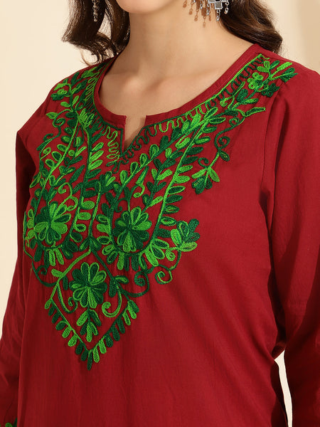 Queenley Women Kashmiri Aari Work Long Kurti, Solid A Line Straight Embroidery Cotton Kurti - Maroon Colour