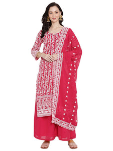 Queenley Women Pink Georgette Straight Knee Length Kurta Sets With Sharara and Dupatta