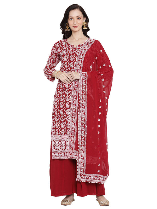 Queenley Women Red Georgette Straight Knee Length Kurta Sets With Sharara and Dupatta