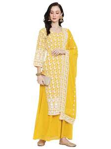 Queenley Women Yellow Georgette Straight Knee Length Kurta Sets With Sharara and Dupatta