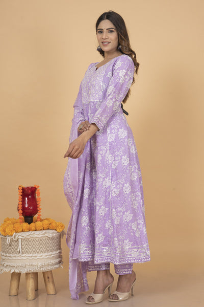Queenley  Women's Purple Cotton Ankle Length Anarkali Kurta Set