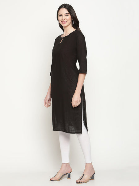 Queenley Women's Black Cotton Straight Knee Length Kurti