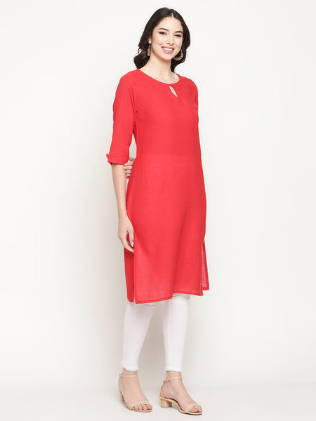 Queenley Women's Red Cotton Straight Knee Length Kurti