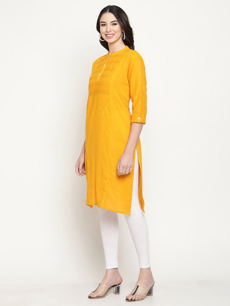Queenley Women's Yellow Cotton Straight Knee Length Kurti