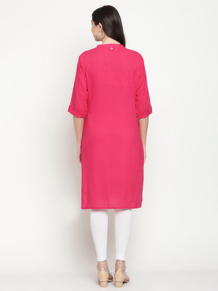 Queenley Women's Pink Cotton Straight Knee Length Kurti